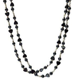 Elegant Black Gold Heart Bead Necklace Pearl Accents Long Double Strand Jewelry